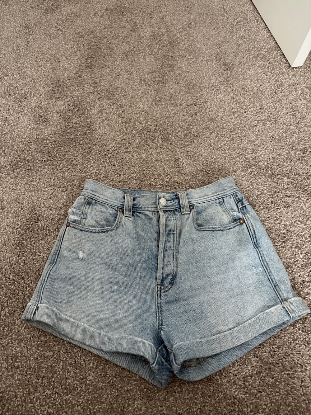We The Free Light Blue High-Rise Rolled Hem Denim Shorts